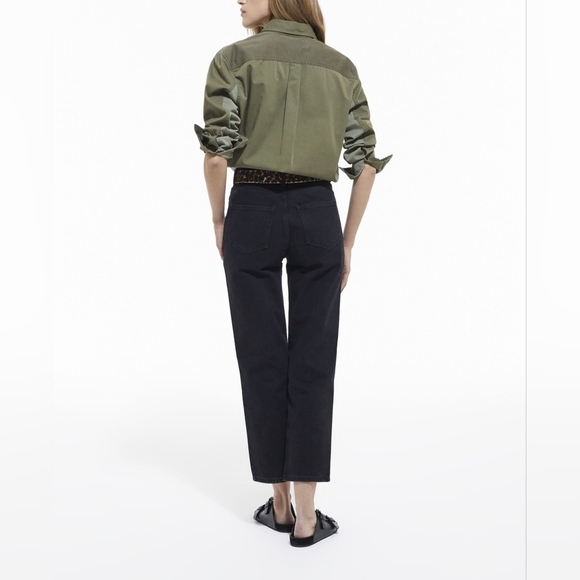 The Kooples Two-Tone Patchwork Cotton Denim Shirt Front Pockets Khaki Olive Sz S - Picture 5 of 11